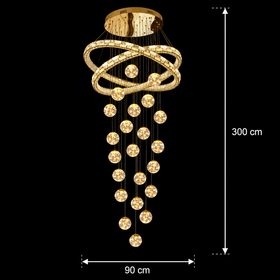 Candelabru Cristal cu Telecomanda DUARA Supremo, 90x300cm, Lumina Calda/Neutra/Rece, Auriu, Metal si Cristal
