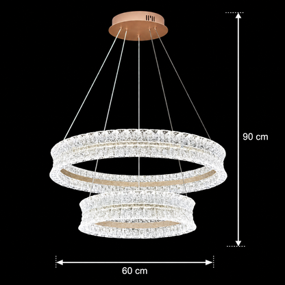Lustra LED Cristal cu telecomanda, 118W, Lumina Calda/Neutra/Rece, Φ60 cm, Inaltime Reglabila, Metal si Cristal, Auriu