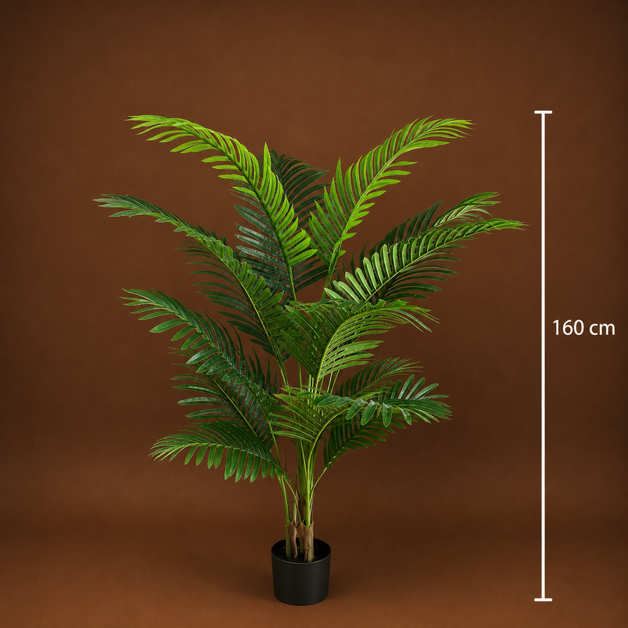 Planta Artificială Copac Tip Palmier Kentia, 3 tulpini, 17 frunze, 160 cm, Verde, cu Ghiveci