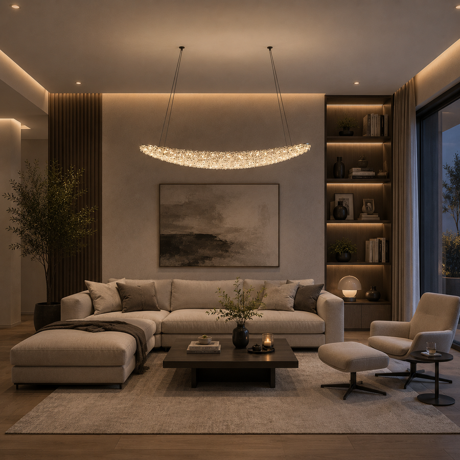 Modern Chandelier with Crystal, PRAGUE, 31W, Length 80 cm, Gold, Adjustable height