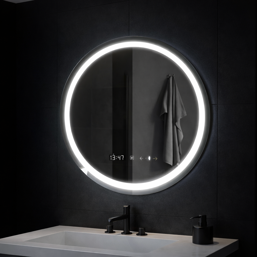 Round LED Mirror, 70cm, Celeste MotionGlow Marcello, Demister System, Clock & Thermometer, Dimmable, Warm Neutral Cold Light 3000K/4000K/6000K Marcello Mirrors Default Title Alessandro Design