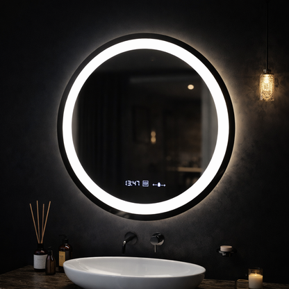 Round LED Mirror, Diameter 50cm, Celeste MotionGlow Marcello, De-fogging System, Clock & Thermometer, Dimmable, Warm Neutral Cold Light 3000K/4000K/6000K Marcello Mirrors Default Title Alessandro Design