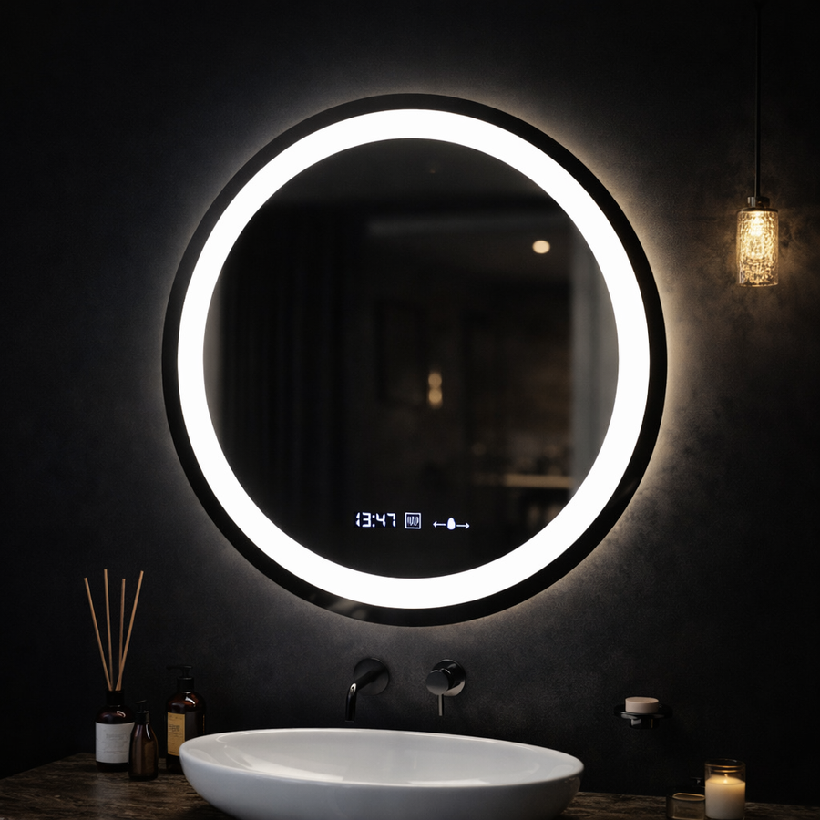 Round LED Mirror, Diameter 50cm, Celeste MotionGlow Marcello, De-fogging System, Clock & Thermometer, Dimmable, Warm Neutral Cold Light 3000K/4000K/6000K Marcello Mirrors Default Title Alessandro Design