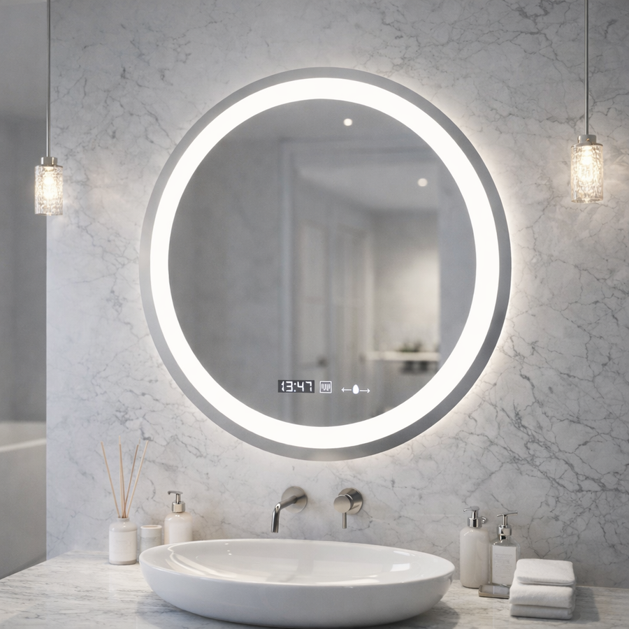 Round LED Mirror, Diameter 50cm, Celeste MotionGlow Marcello, De-fogging System, Clock & Thermometer, Dimmable, Warm Neutral Cold Light 3000K/4000K/6000K Marcello Mirrors Default Title Alessandro Design