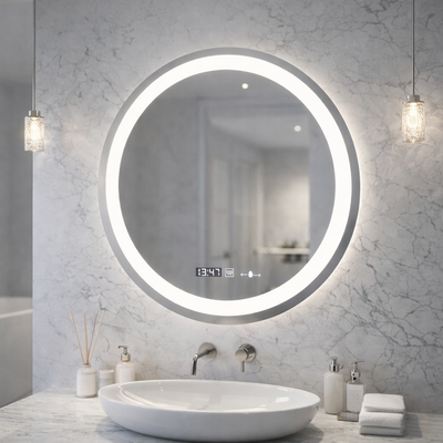 Round LED Mirror, 60cm, Celeste MotionGlow Marcello, De-fogging System, Clock & Thermometer, Dimmable, Warm Neutral Cold Light 3000K/4000K/6000K