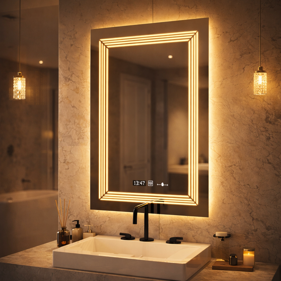 Rectangular LED Mirror, 60x80cm, Venezia Marcello MotionGlow Sensor, Defog System, Clock & Thermometer, Dimmable, Warm Neutral Cold Light 3000K/4000K/6000K Marcello Mirrors Default Title Alessandro Design