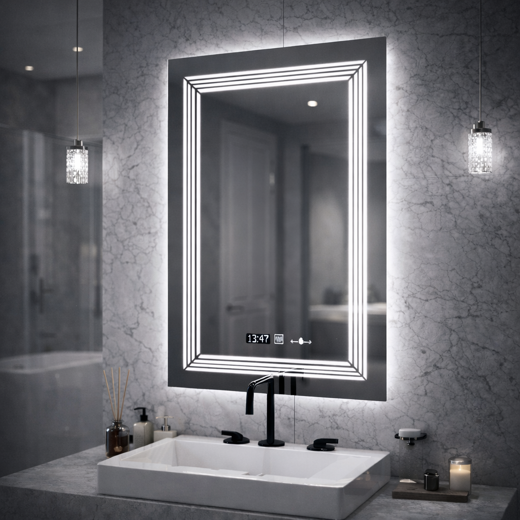 Rectangular LED Mirror, 60x80cm, Venezia Marcello MotionGlow Sensor, Defog System, Clock & Thermometer, Dimmable, Warm Neutral Cold Light 3000K/4000K/6000K Marcello Mirrors Default Title Alessandro Design
