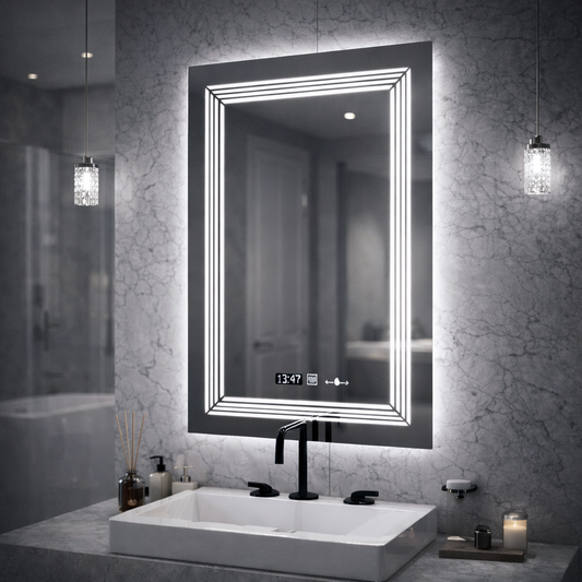 Rectangular LED Mirror, 60x80cm, Venezia Marcello MotionGlow Sensor, Defog System, Clock & Thermometer, Dimmable, Warm Neutral Cold Light 3000K/4000K/6000K Marcello Mirrors Default Title Alessandro Design