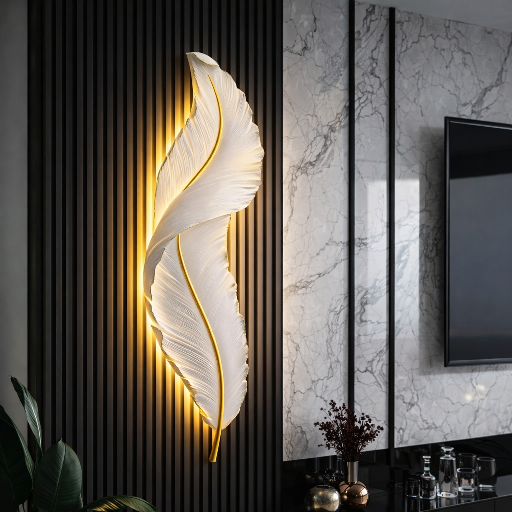 LED Wall Light, Decorative Feather 85CM 31W Cold/Warm/Neutral Light White Gold Indoor Wall Lights Default Title Alessandro Design