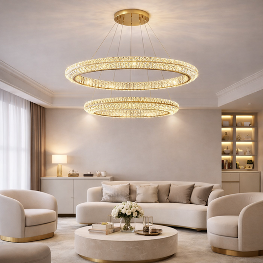 Lustra LED cu Telecomanda, LLC132/300GD, Cristal si Metal, 37W, 2 Cerc, Dimabila, 3000K/4000K/6000K, Iluminat Luxos Lustre LED cu Telecomanda Default Title Alessandro Design