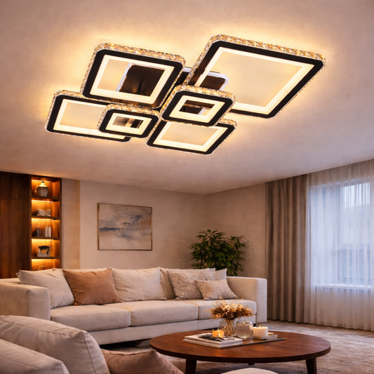 LED chandelier with remote control and crystal QUADRIS RGB 177W, 6 Squares, Cold/Warm/Neutral light 3000K/4000K/6000K, Dimmable, Black, Metal and Crystal LED Chandeliers with Remote Control Default Title Alessandro Design