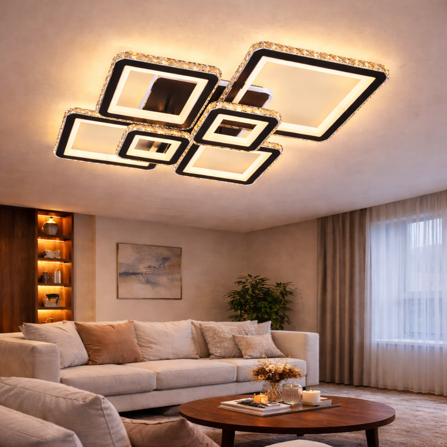 LED chandelier with remote control and crystal QUADRIS RGB 177W, 6 Squares, Cold/Warm/Neutral light 3000K/4000K/6000K, Dimmable, Black, Metal and Crystal LED Chandeliers with Remote Control Default Title Alessandro Design