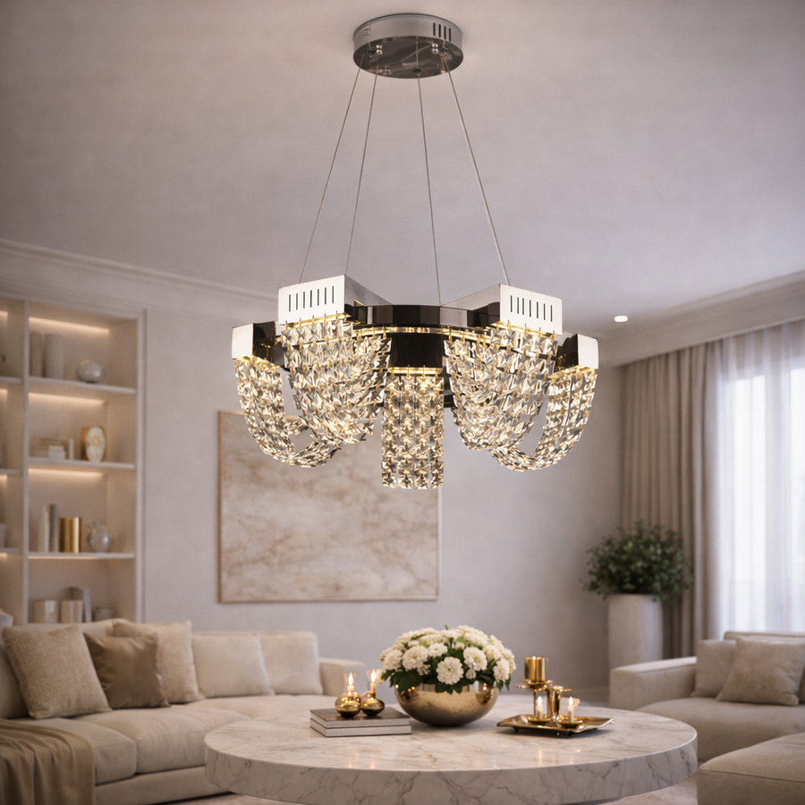 Candelabru Cristal LED 15W, STRATUS Magno , Diametru 50cm, Crom Lucios, Lumina Calda Neutra Rece 3000K/4000K/6000K Inaltime Reglabila, Metal si Cristal Candelabre Cristal Default Title Alessandro Design