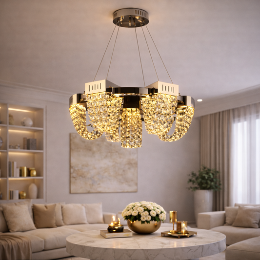 Candelabru Cristal LED 24W, STRATUS Regalis, Diametru 80cm, Crom Lucios, Inaltime Reglabila, Lumina Calda Neutra Rece 3000K/4000K/6000K, Metal si Cristal Candelabre Cristal Default Title Alessandro Design