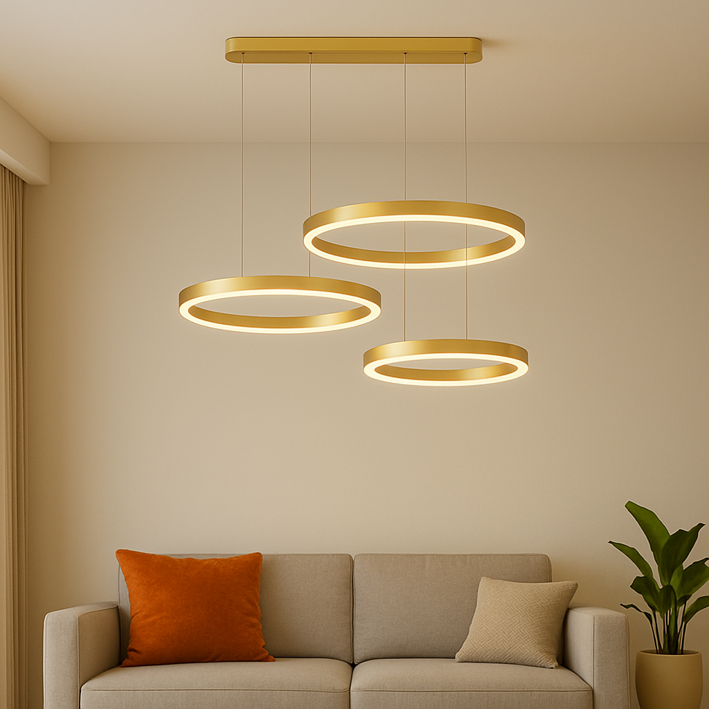 Suspended LED chandelier with remote control PERU 150W, 3 Circles, Cold/Warm/Neutral light, Dimmable, Shiny Gold, Adjustable Height Modern Chandeliers Default Title Alessandro Design