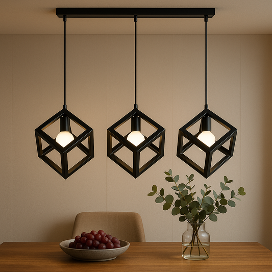 Cube Shape Chandelier, STRUKTUR Linear Trio, 3x E27, Black, Metal Luster Industrial Default Title Alessandro Design