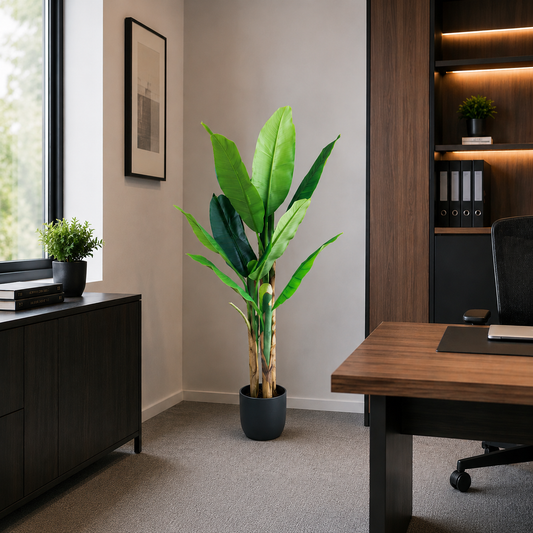 Planta Artificială Copac Tip Bananier, 140 cm, 3 tulpini, 11 frunze, Verde, cu Ghiveci