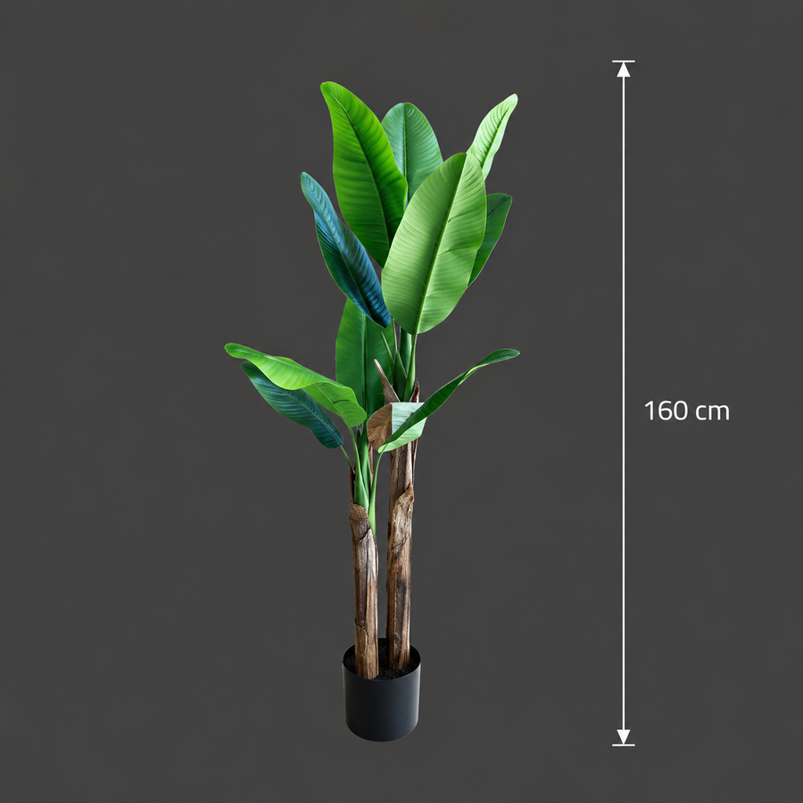 Planta Artificială Copac Tip Bananier, 160 cm, 2 tulpini, 10 frunze, Verde, cu Ghiveci