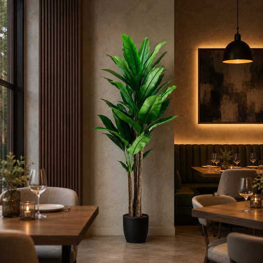 Planta Artificială Copac Tip Bananier, 190 cm, 3 tulpini, 27 frunze, Verde, cu Ghiveci