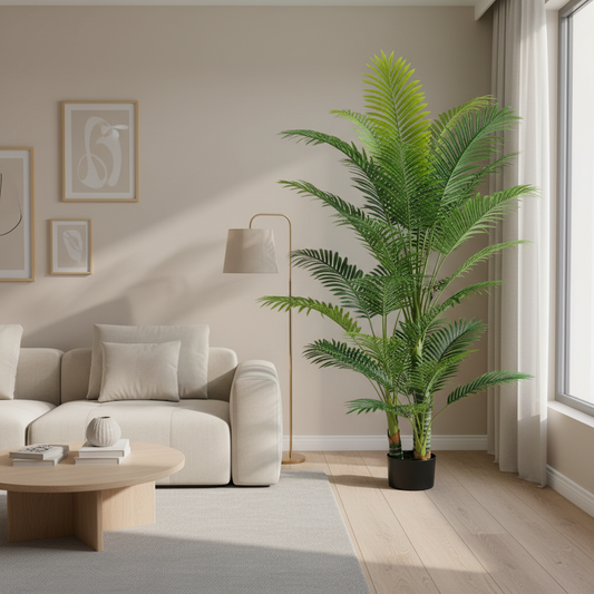 Planta Artificială Copac Tip Palmier Kentia, 3 tulpini, 17 frunze, 220 cm, Verde, cu Ghiveci