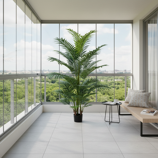 Planta Artificială Copac Tip Palmier Kentia, 3 tulpini, 30 frunze, 190 cm, Verde, cu Ghiveci