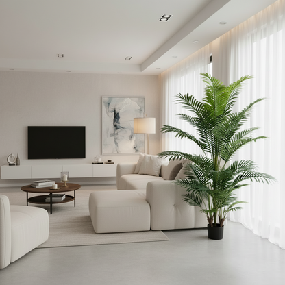 Planta Artificială Copac Tip Palmier Kentia, 3 tulpini, 30 frunze, 190 cm, Verde, cu Ghiveci