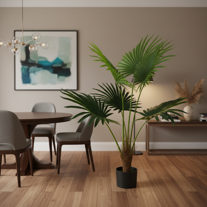 Plantă Artificială Tip Palmier Livistona Evantai, 5 frunze, 120 cm, Verde