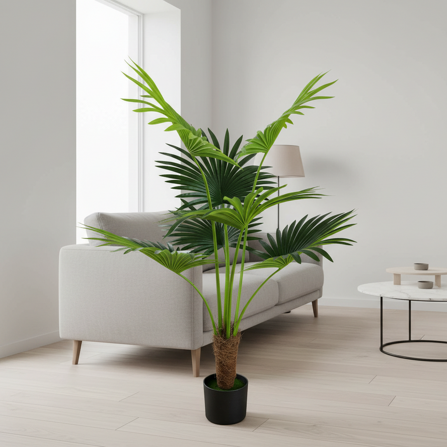 Plantă Artificială Tip Palmier Livistona Evantai, 7 frunze, 140 cm, Verde
