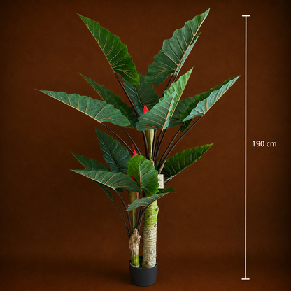 Plantă Artificială Tip Alocasia Cu Frunze Late, 2 trunchiuri, 190 cm, Verde