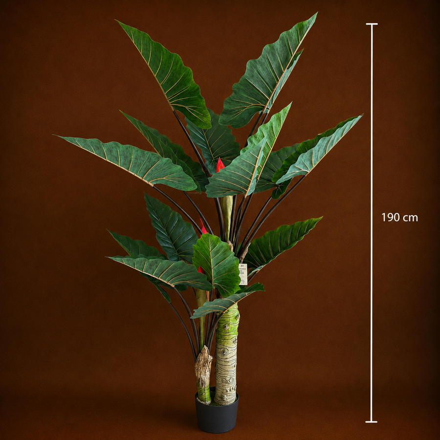 Plantă Artificială Tip Alocasia Cu Frunze Late, 2 trunchiuri, 190 cm, Verde