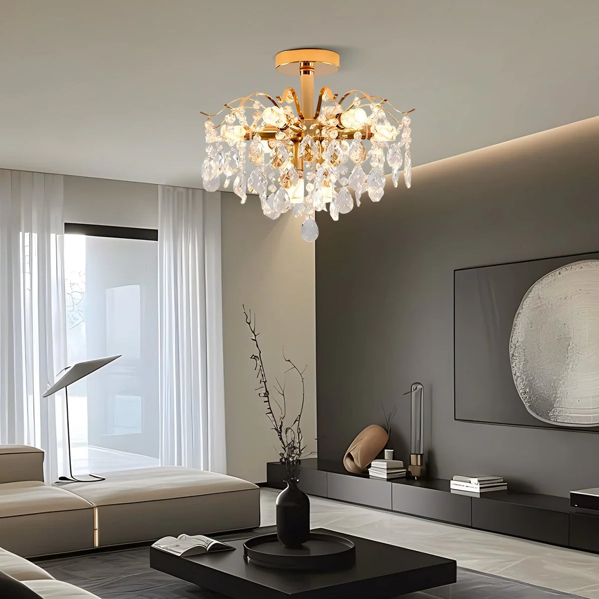 Candelabru Cristal Fiamma, 6x E14, Diametru 45cm, Auriu, Metal si Cristal Candelabre Cristal Default Title Alessandro Design