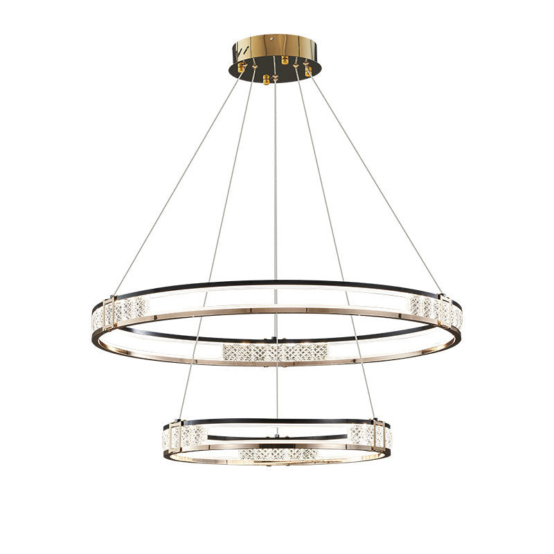 Suspended LED chandelier with remote control and crystal ROGER 100W, 2 Circles, Cold/Warm/Neutral light, Dimmable, Shiny Gold, Height Adjustable Crystal LED Chandeliers Default Title Alessandro Design