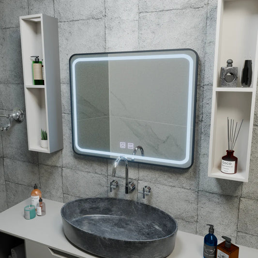 Rectangular LED Mirror 90x75cm EDGE Touch Demister System, Black Frame Mirrors Korman E Default Title Alessandro Design