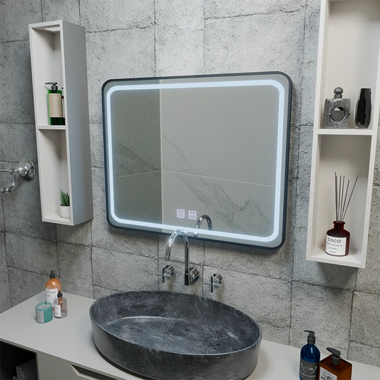 Rectangular LED mirror 80x60cm - EDGE Touch Demister System, Black Frame