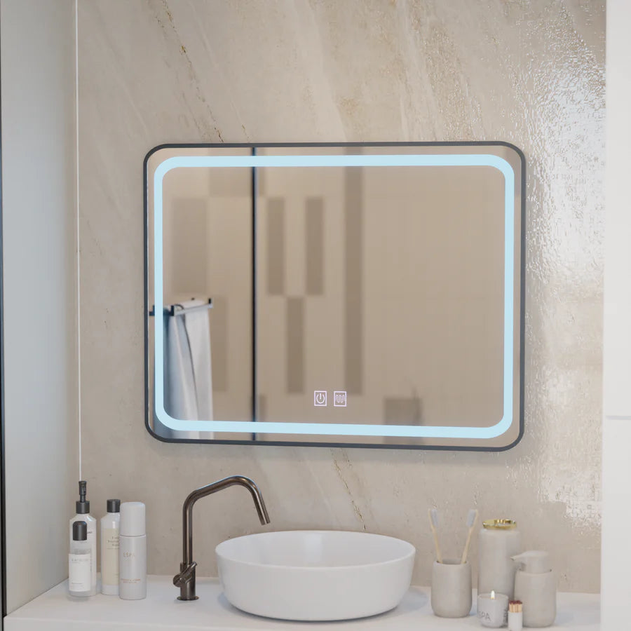 Rectangular LED Mirror 90x75cm EDGE Touch Demister System, Black Frame Mirrors Korman E Default Title Alessandro Design