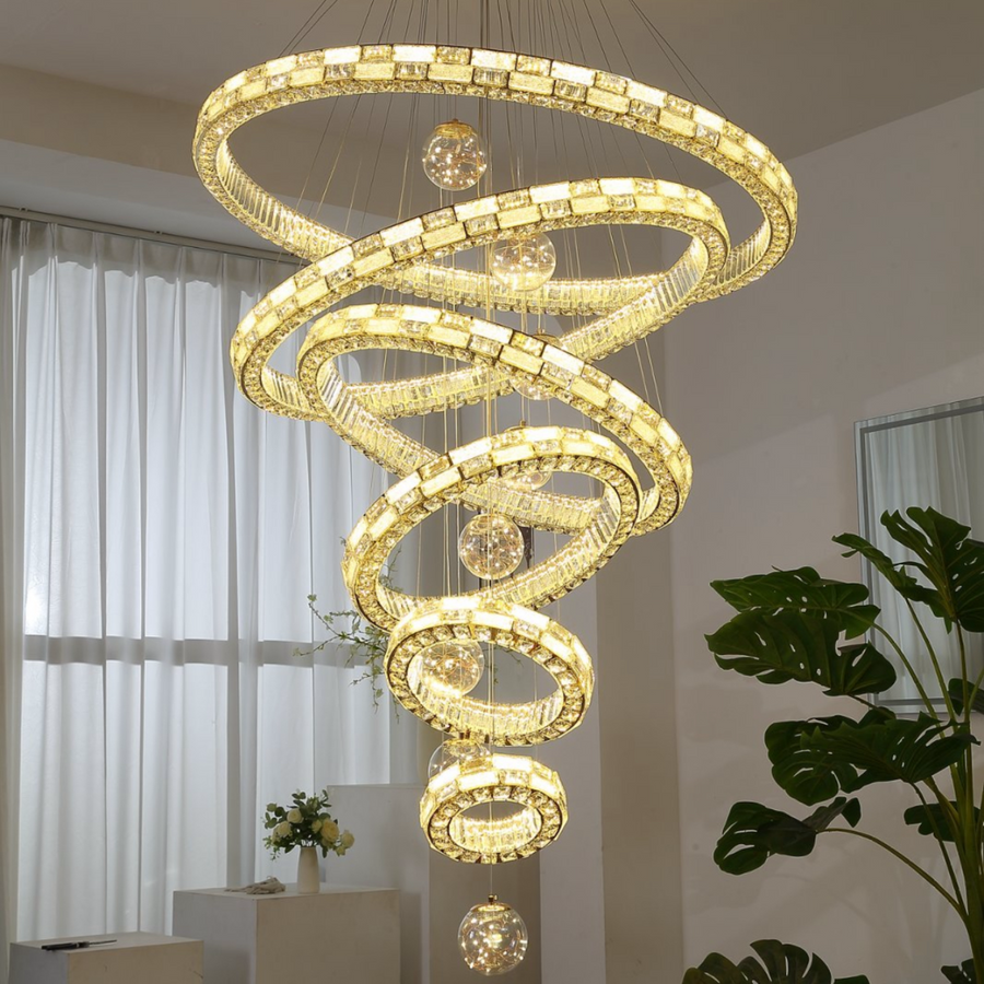 Candelabru Cristal cu Telecomanda RONDOS Supremo, 120x350cm, Lumina Calda/Neutra/Rece, Auriu, Metal si Cristal