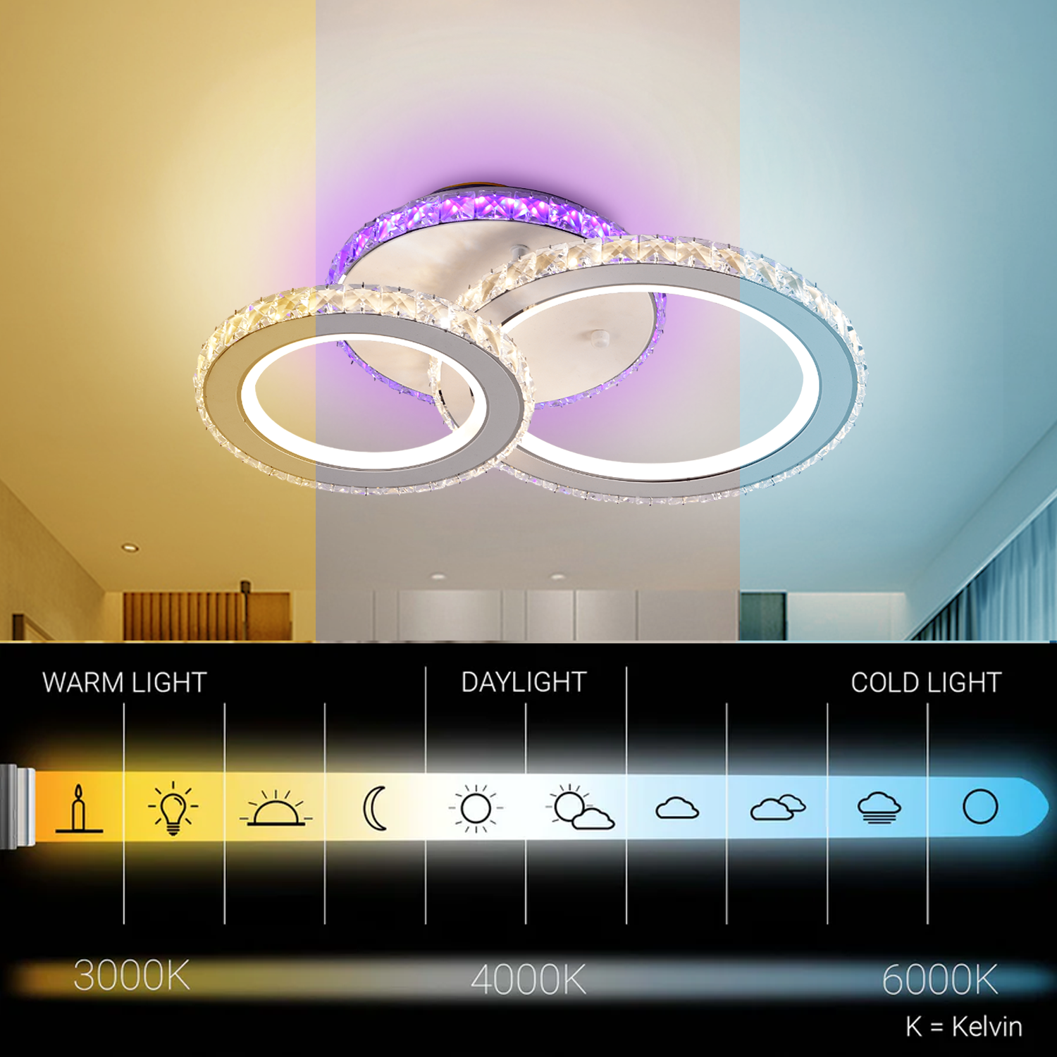 LED chandelier with remote control and crystal NOVA ROTONDA RGB 42W, 2 Circles, Cold/Warm/Neutral light, Dimmable, White LED chandelier with remote control Default Title Alessandro Design