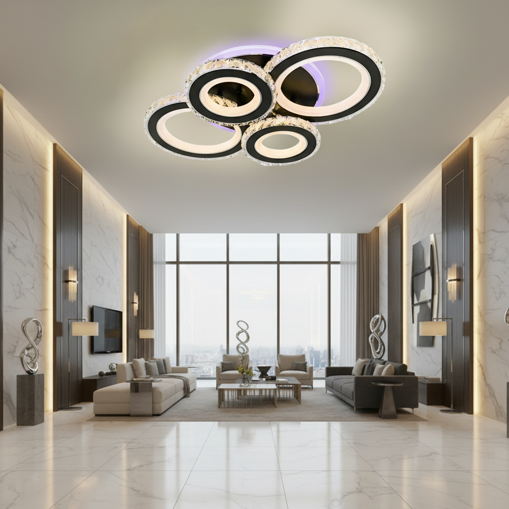 LED Chandelier with remote control and crystal NOVA ROTONDA RGB 82W, 4 Circles, Cold/Warm/Neutral light, Dimmable, Black LED Chandeliers with Remote Control Default Title Alessandro Design