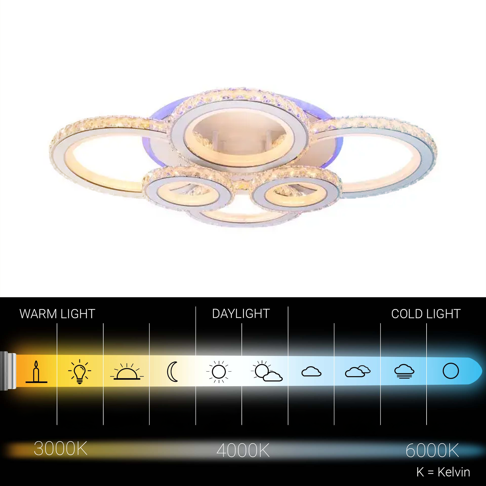 LED chandelier with remote control and crystal NOVA ROTONDA RGB 145W, 6 Circles, Cold/Warm/Neutral light, Dimmable, White Crystal LED Chandeliers Default Title Alessandro Design