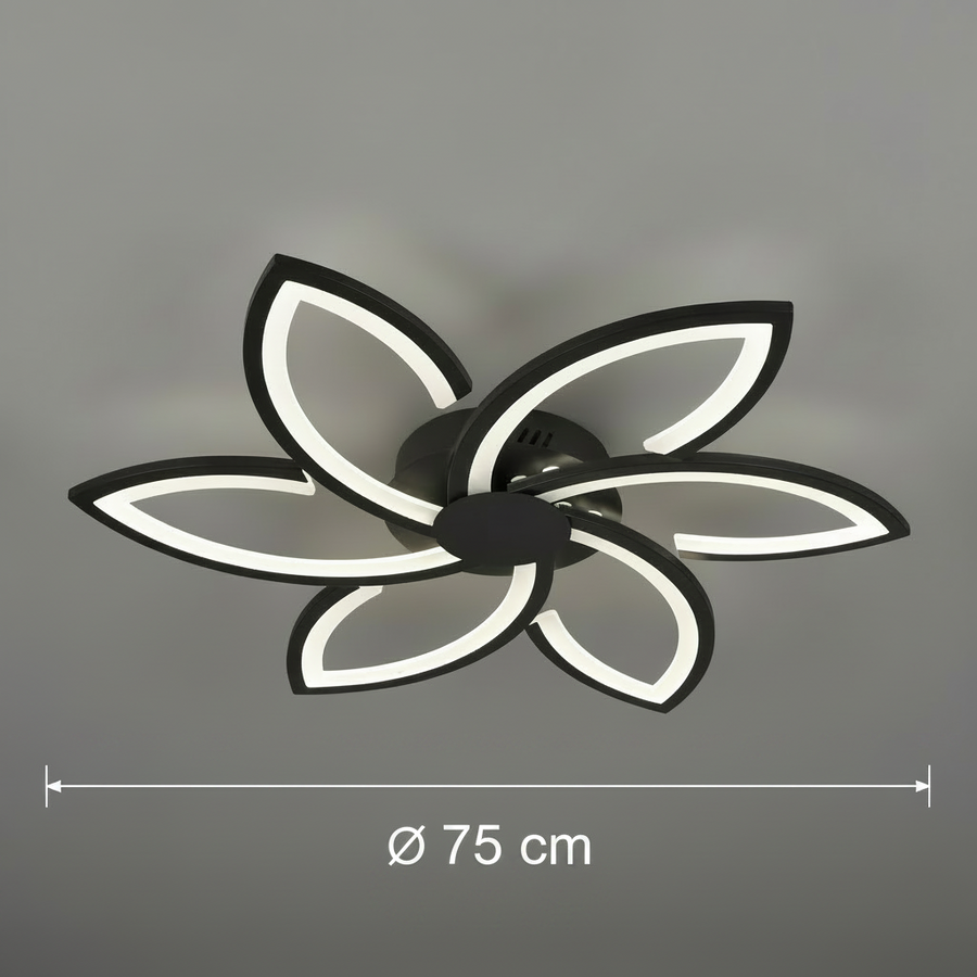 Lustra LED cu telecomanda si cristal FLORA  82W, 6 Petale, lumina Rece/Calda/Neutra, Dimabila, Negru