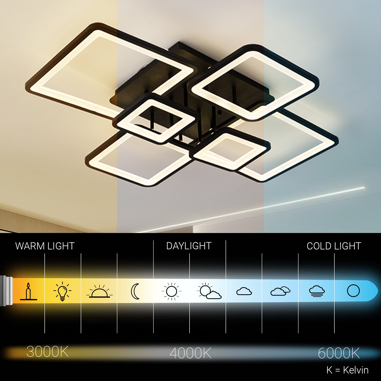 LED Chandelier with remote control ELLA 120W, 6 Squares, Cold/Warm/Neutral light, Dimmable, Black, Metal and Acrylic LED Chandeliers with Remote Control Default Title Alessandro Design