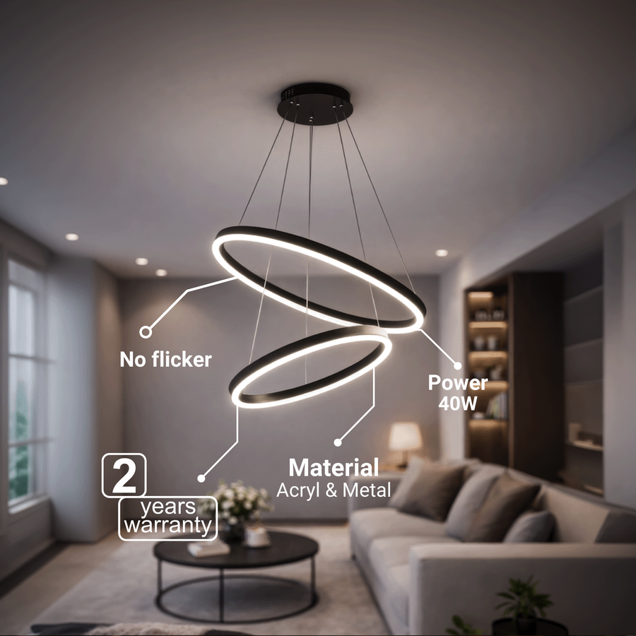Suspended LED Chandelier with Remote Control CASIANA 40W, 2 Circles, Cold/Warm/Neutral Light 3000K/4000K/6000K, Dimmable, Black, Adjustable Height, Metal and Acrylic LED Chandeliers with Remote Control Default Title Alessandro Design