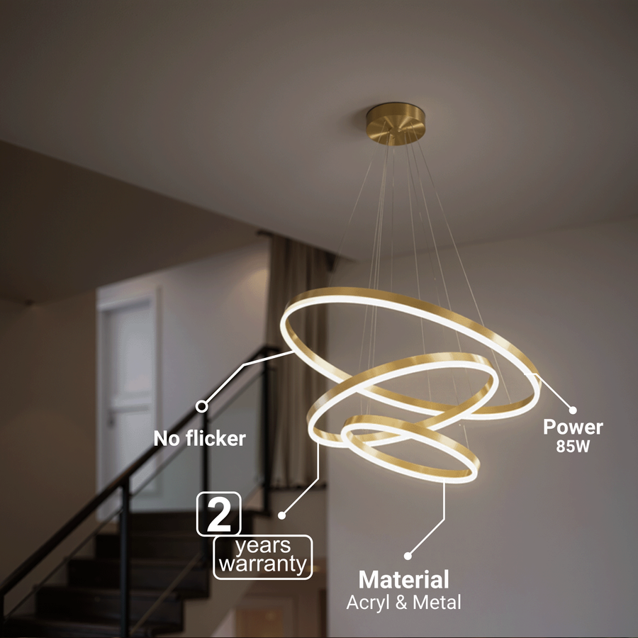 Suspended LED chandelier with remote control ELIZABETH, 85W, 3 Circles, Cold/Warm/Neutral light, Dimmable, Shiny Gold, Height Adjustable LED Chandeliers with Remote Control Default Title Alessandro Design