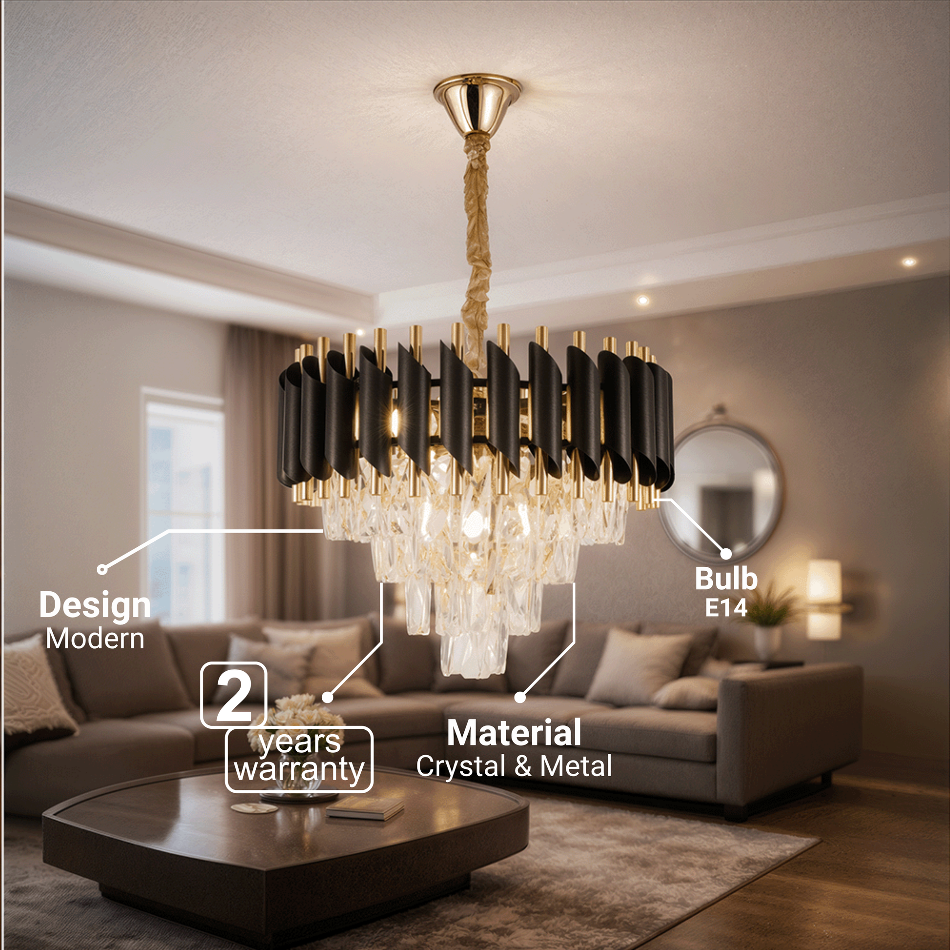 Crystal Chandelier VERSAILLES Nobile 5xE14, Diameter 40cm, Shiny Gold and Black Crystal Chandeliers Default Title Alessandro Design