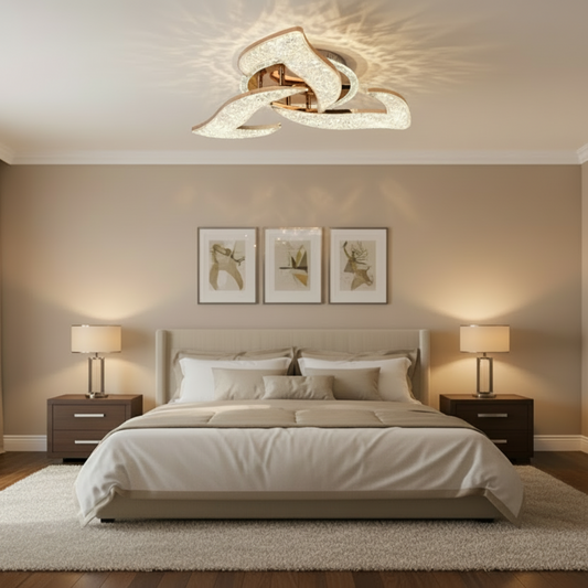 Lustra LED HALESA Eleganza cu telecomanda si cristal, 44W, 3 Surse, Lumina Rece/Calda/Neutra, Dimabila, Auriu