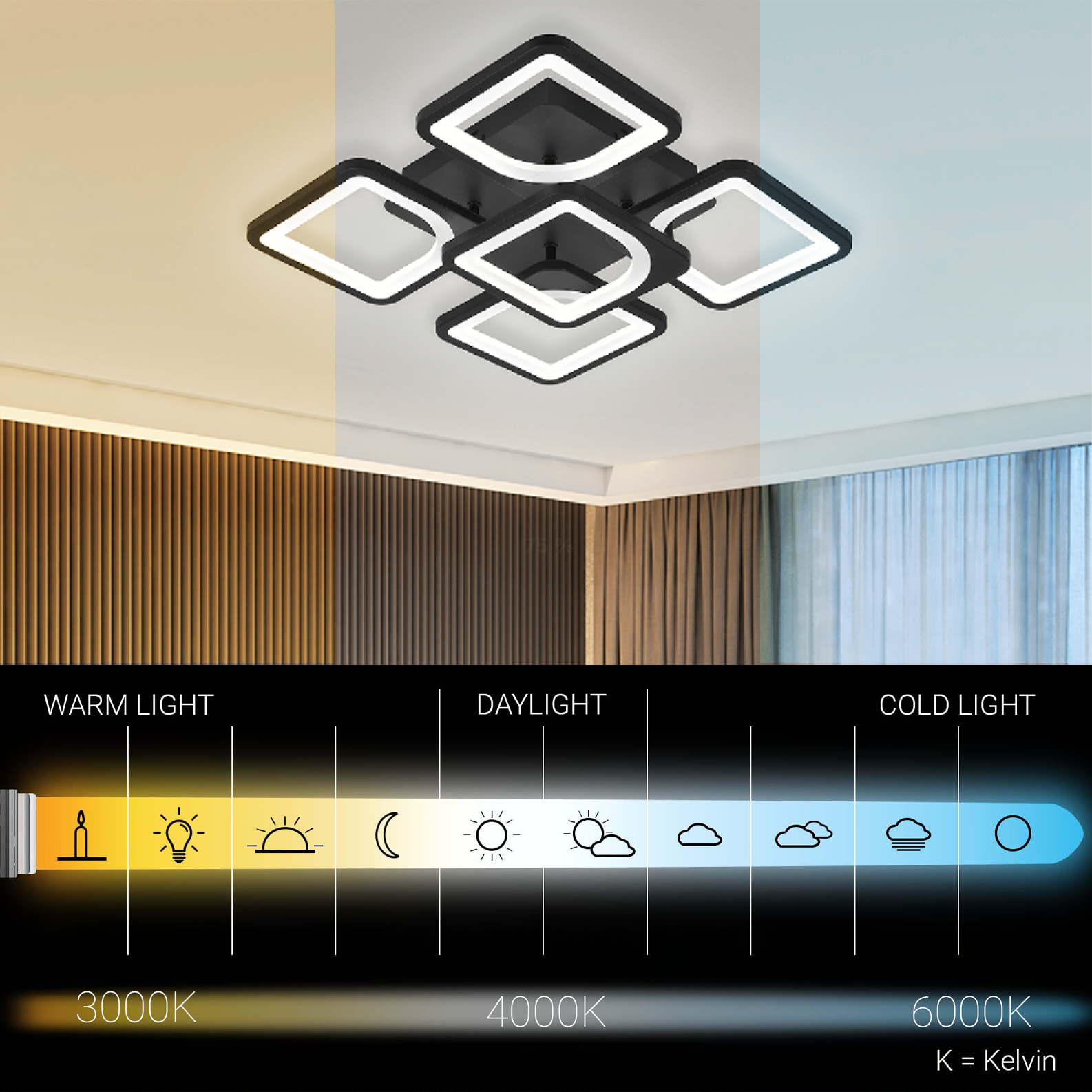 LED chandelier with remote control ZOE 65W, 5 Squares, Cold/Warm/Neutral light, Dimmable, Black LED chandeliers with remote control Default Title Alessandro Design