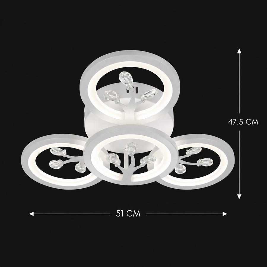 LED chandelier with remote control and crystal DAISY 53W, 4 Elements, Cold/Warm/Neutral light, Dimmable, White