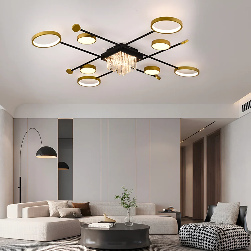 LED chandelier with remote control and crystal GUIDA 46W, 8 Elements, Cold/Warm/Neutral light, Dimmable, Black Gold