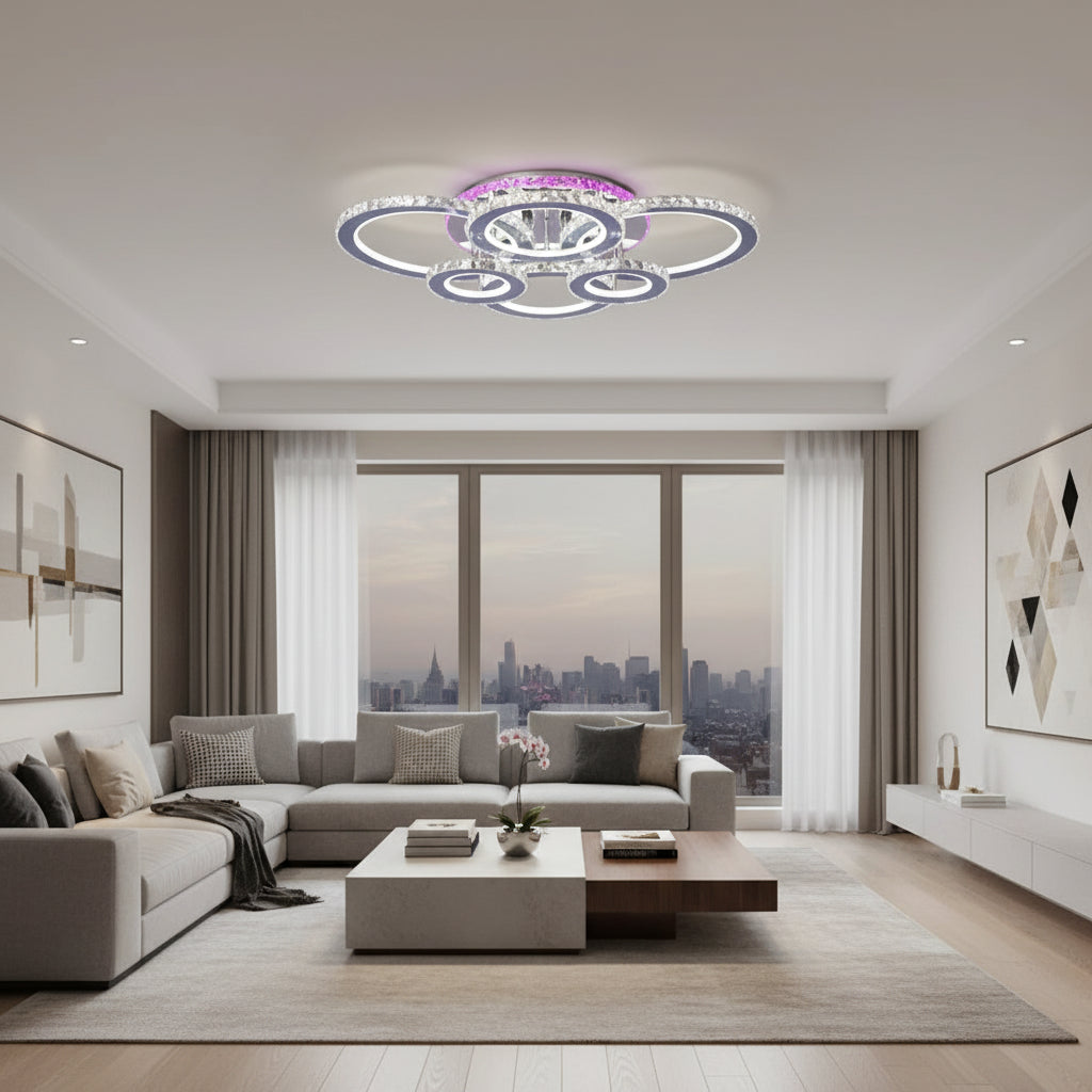 LED chandelier with remote control and crystal NOVA ROTONDA RGB 144W, 6 Circles, Cold/Warm/Neutral light, Dimmable, Shiny Chrome LED Chandeliers & Crystals Default Title Alessandro Design