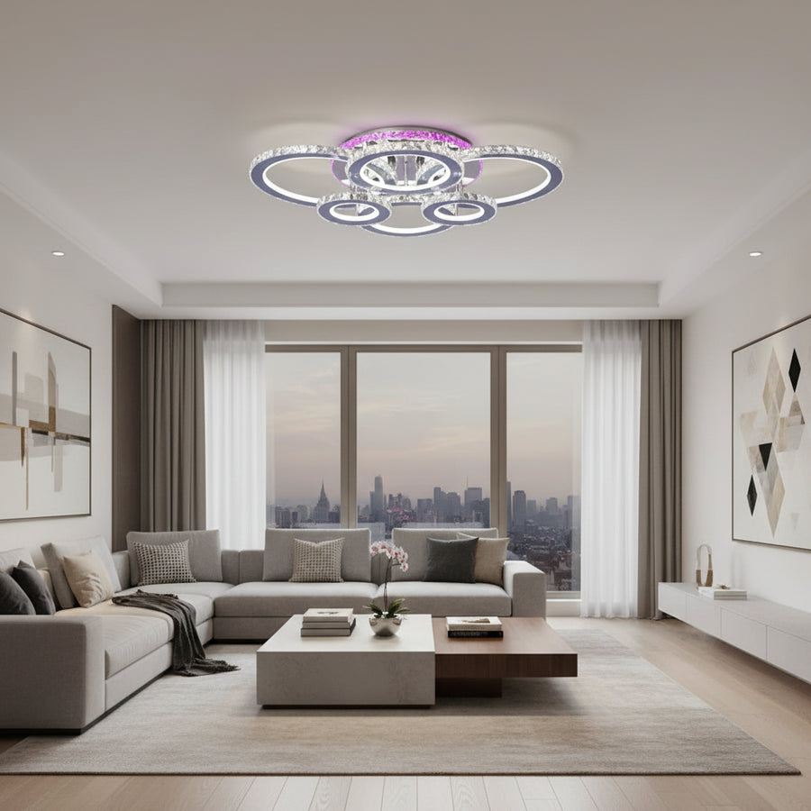 LED chandelier with remote control and crystal NOVA ROTONDA RGB 144W, 6 Circles, Cold/Warm/Neutral light, Dimmable, Shiny Chrome LED Chandeliers & Crystals Default Title Alessandro Design